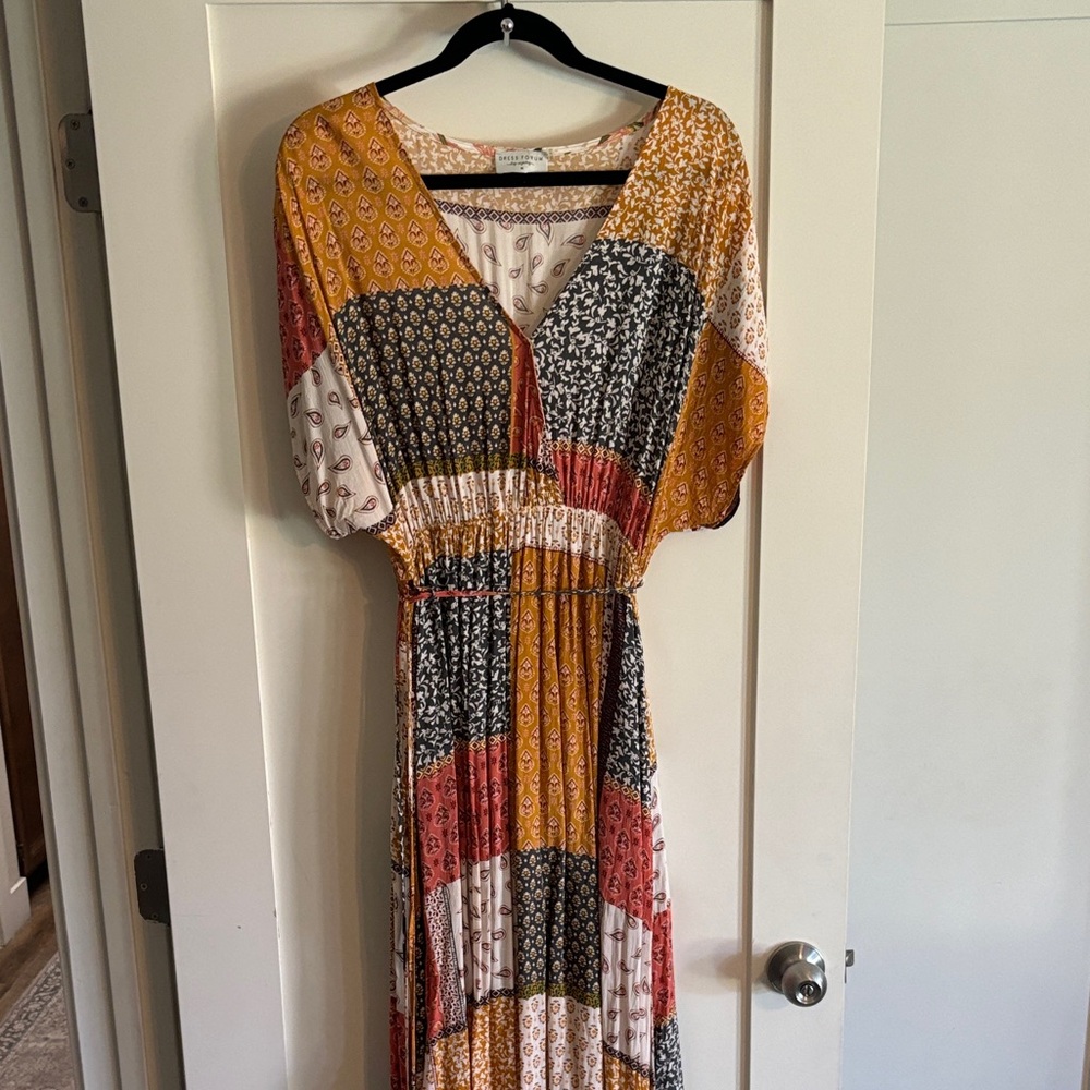 Boho Patchwork Maxi Dress in Mustard & Rust